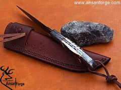 Damascus Steel hunting Knife Stag Antler Handle with Damascus Bolsters & Brass Liners – 9” Handmade Premium Quality Sharp Edge Fix Blade - Genuine Multipurpose Knife – Ideal for Hunting, Camping