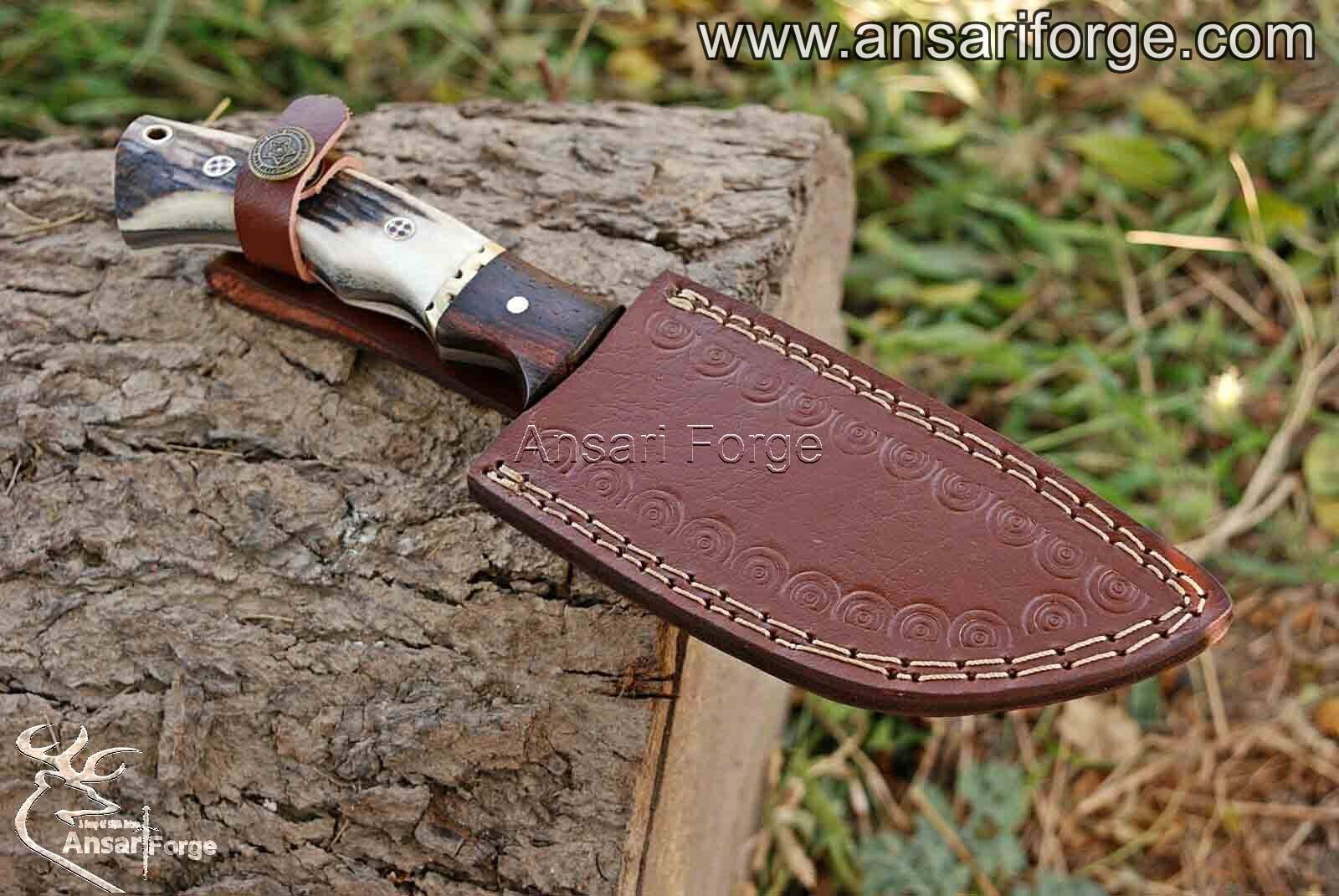 Damascus Tracker Knife Stag Handle