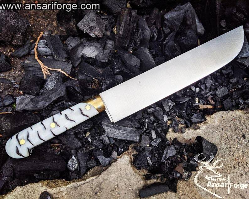 Sharp hand-forged 440 steel blade of a Handmade Chef Knife, 61 HRC hardness.