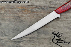 Ultra-sharp 1095 steel fillet knife blade slicing effortlessly – mirror-polished edge.