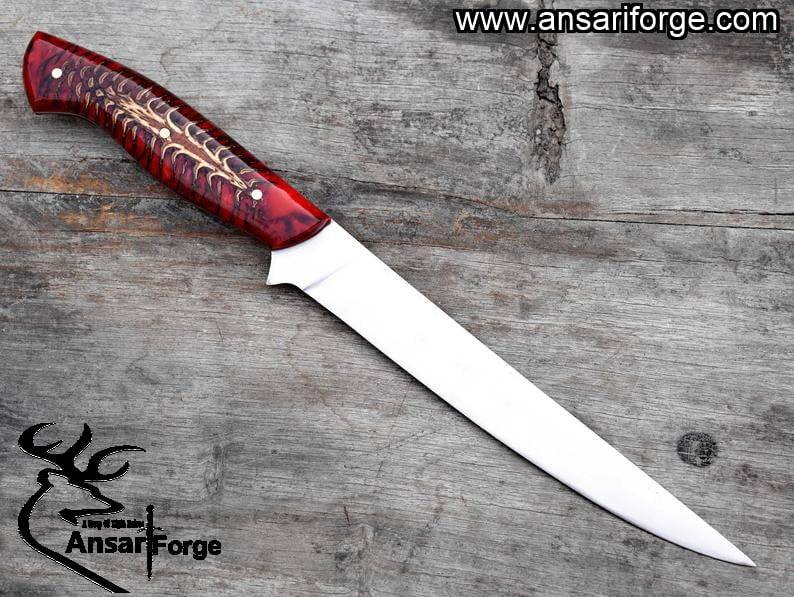 Best rated fillet knife for fish – 8-inch high-carbon steel blade with red pine cone handle.
