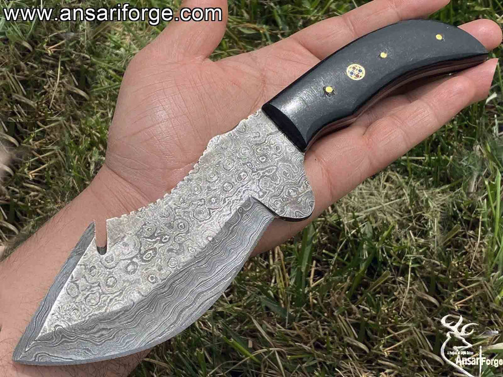 Skinning Knife With Gut Hook Forged Rain Drop Damascus Knife With Bull Horn Handle And Leather Sheath