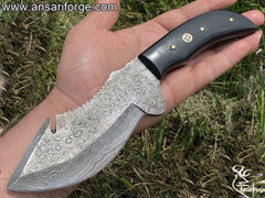 Skinning Knife With Gut Hook Forged Rain Drop Damascus Knife With Bull Horn Handle And Leather Sheath