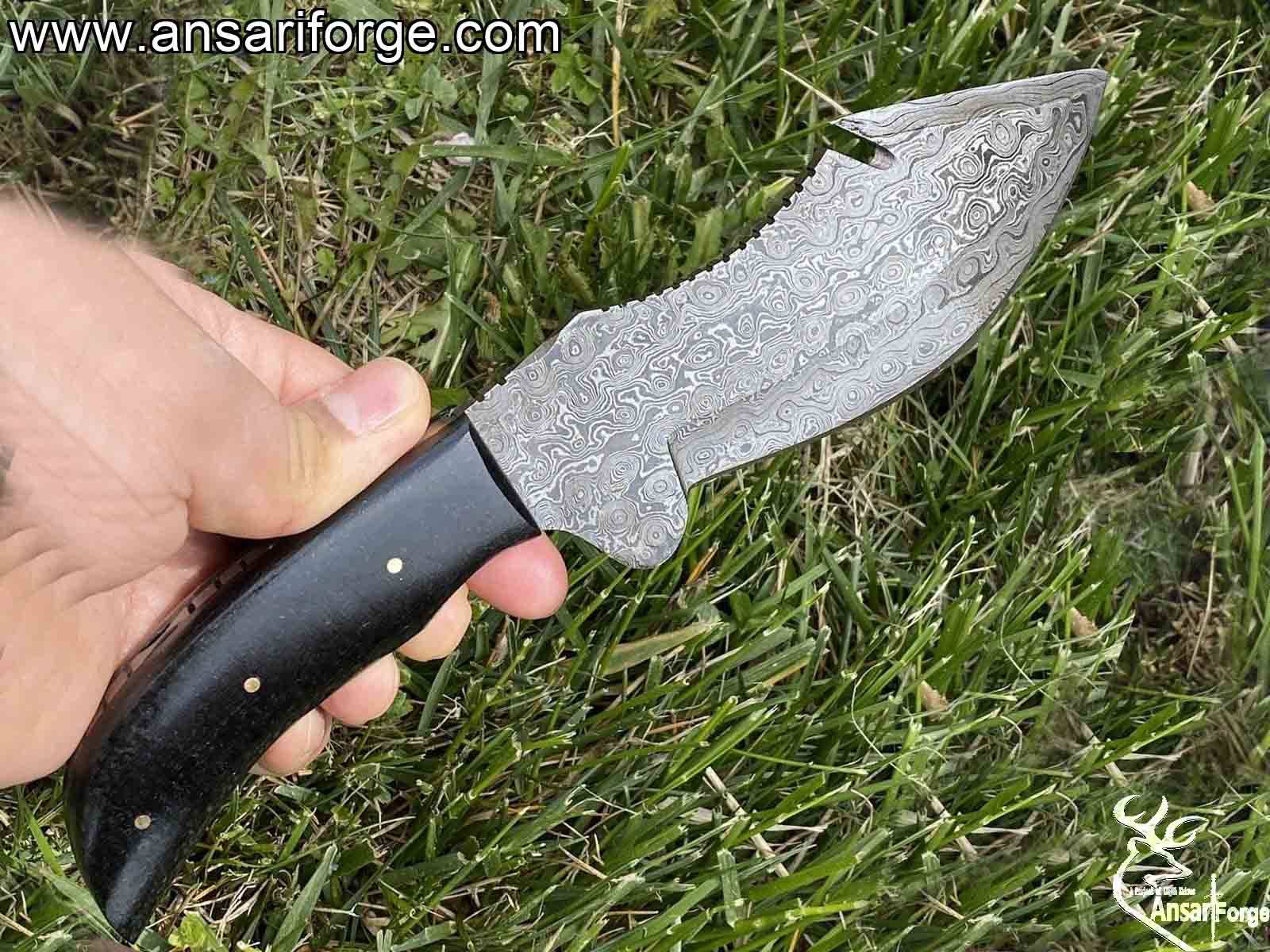 Skinning Knife With Gut Hook Forged Rain Drop Damascus Knife With Bull Horn Handle And Leather Sheath