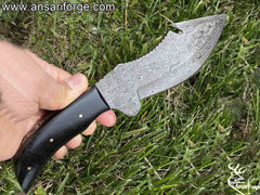 Skinning Knife With Gut Hook Forged Rain Drop Damascus Knife With Bull Horn Handle And Leather Sheath