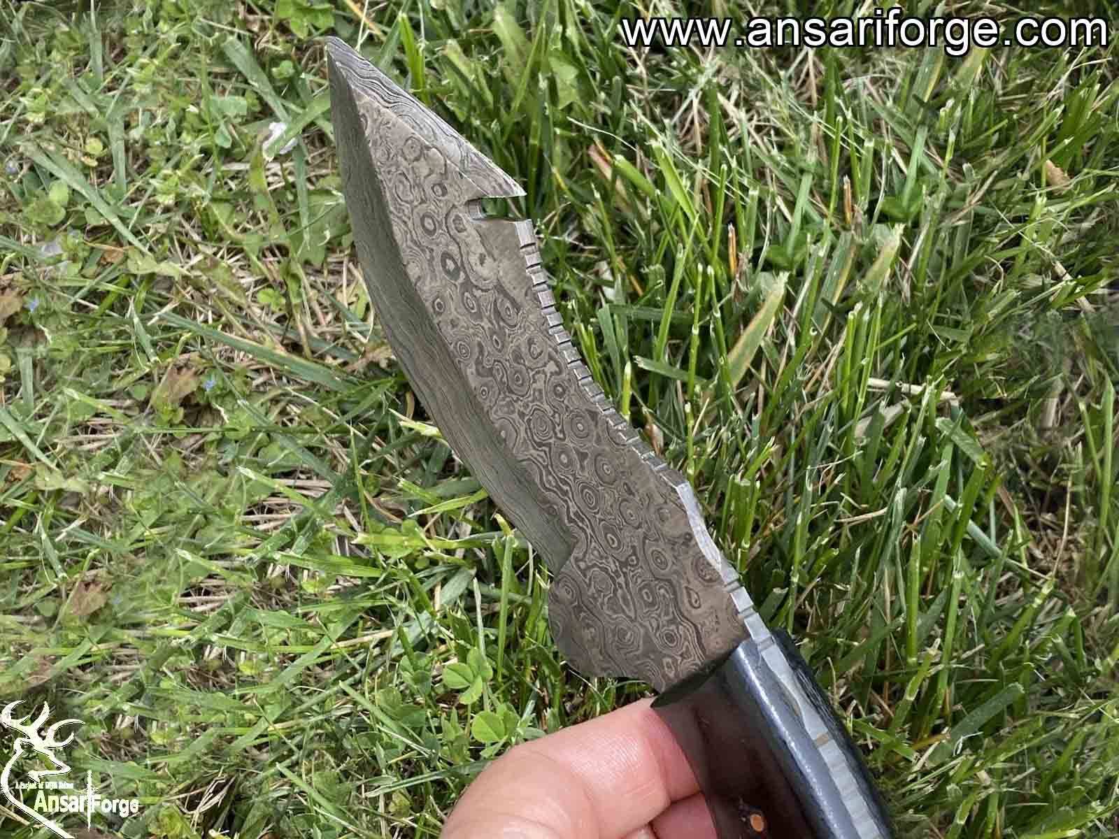 Skinning Knife With Gut Hook Forged Rain Drop Damascus Knife With Bull Horn Handle And Leather Sheath