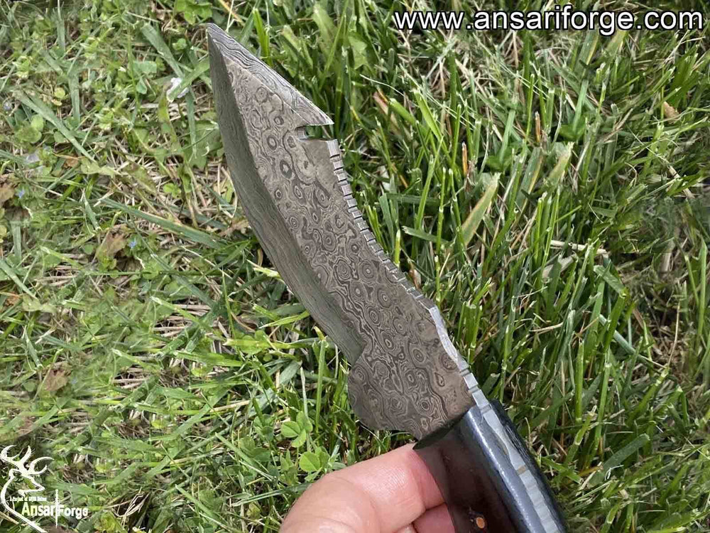 Skinning Knife With Gut Hook Forged Rain Drop Damascus Knife With Bull Horn Handle And Leather Sheath