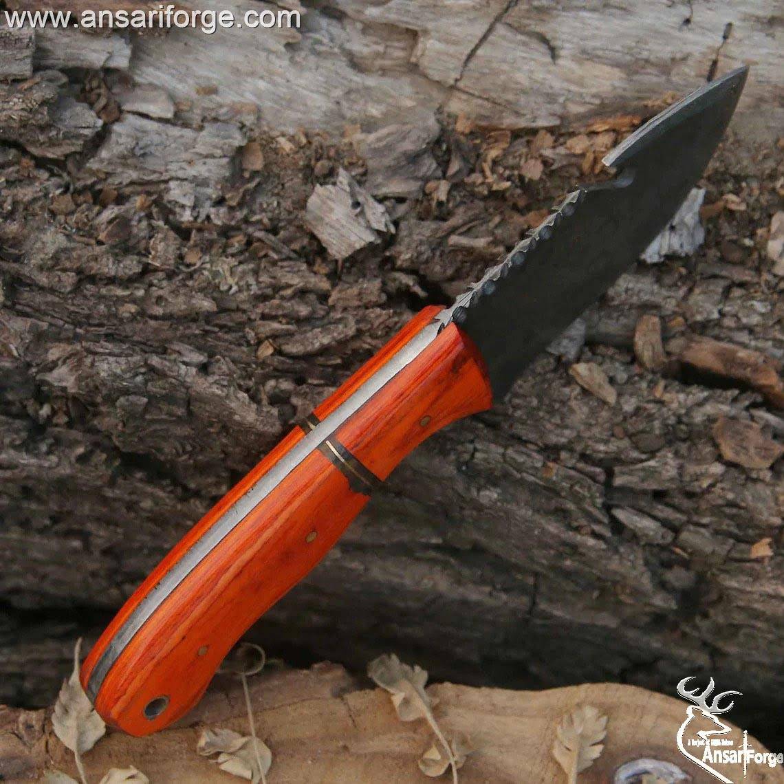 Damascus steel best hunting knife gut hook and leather sheath