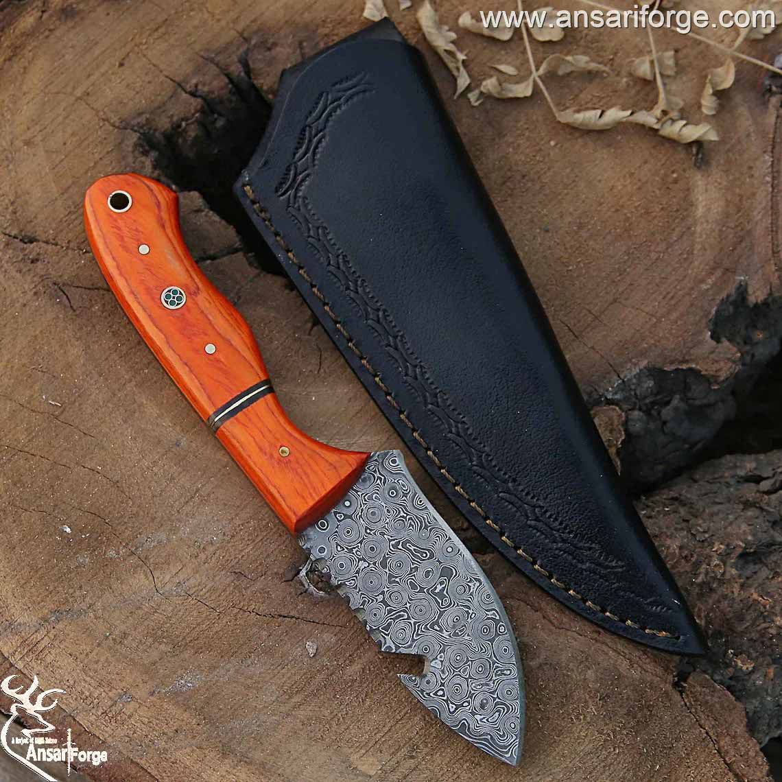 Damascus steel best hunting knife gut hook and leather sheath