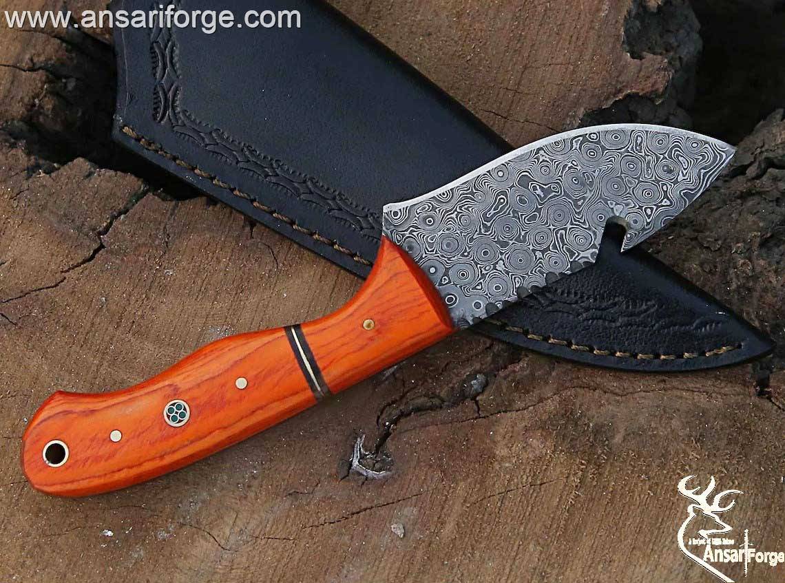 Damascus steel best hunting knife gut hook and leather sheath