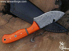 Damascus steel best hunting knife gut hook and leather sheath