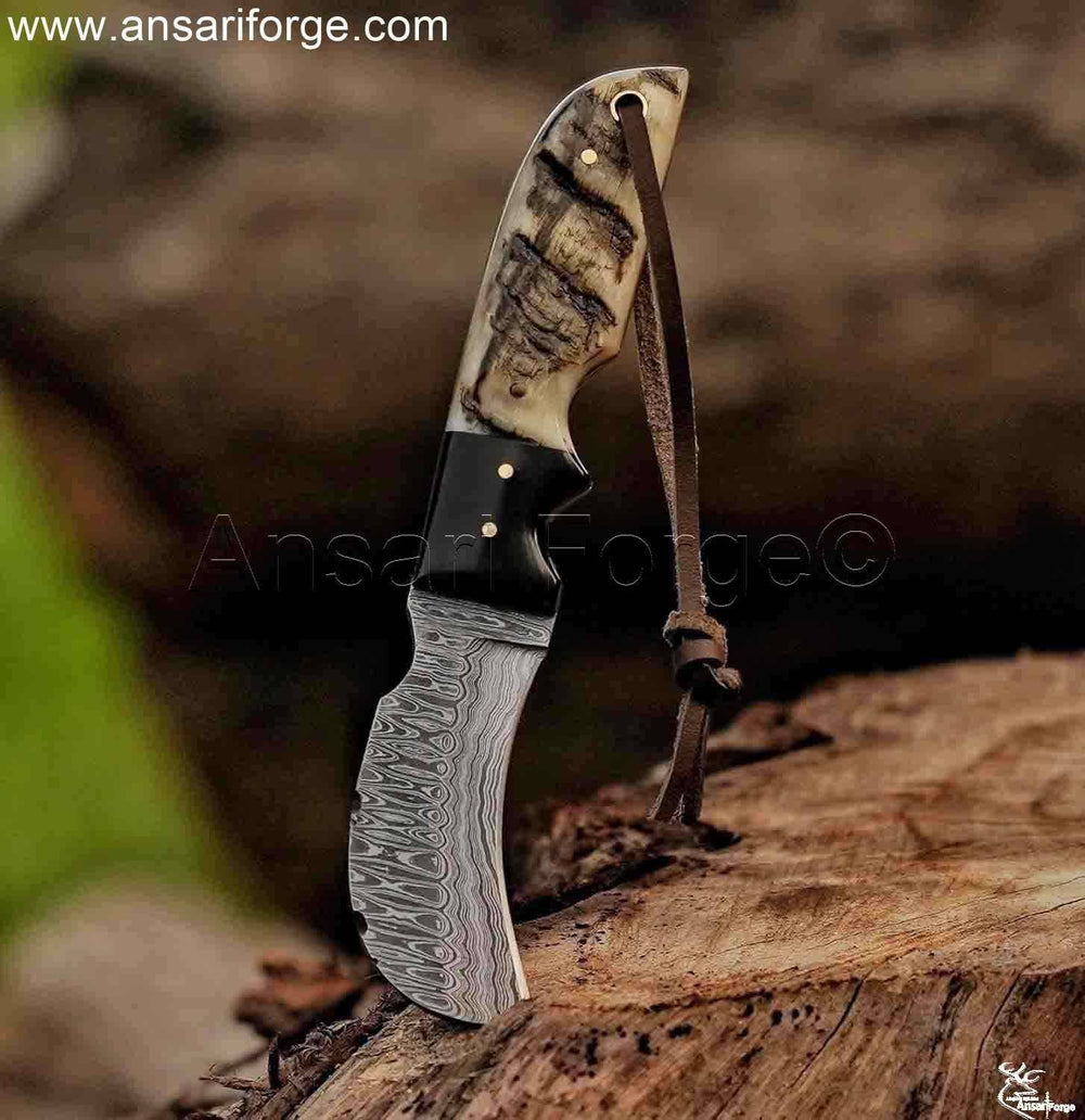 8-inch Hawkbill knife with 4-inch blade and 4-inch handle, shown with handmade leather sheath.