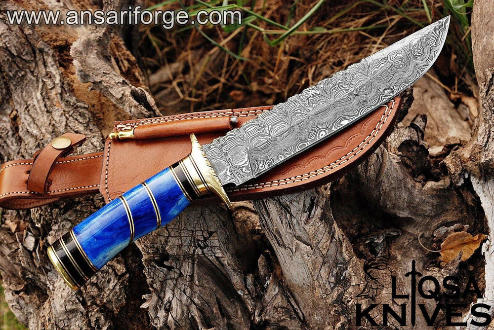 Damascus Hunting Knife with Blue-Dyed Camel Bone Handle.