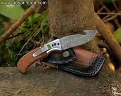Damascus Pocket Knife Handmade Gut Hook Pocket Clip Folding Knife With Leather Sheath.