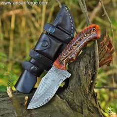 Horizontal Carry Knife Damascus Blade - Hand-Forged 1095 & 15N20 Steel with Pine Cone Handle.