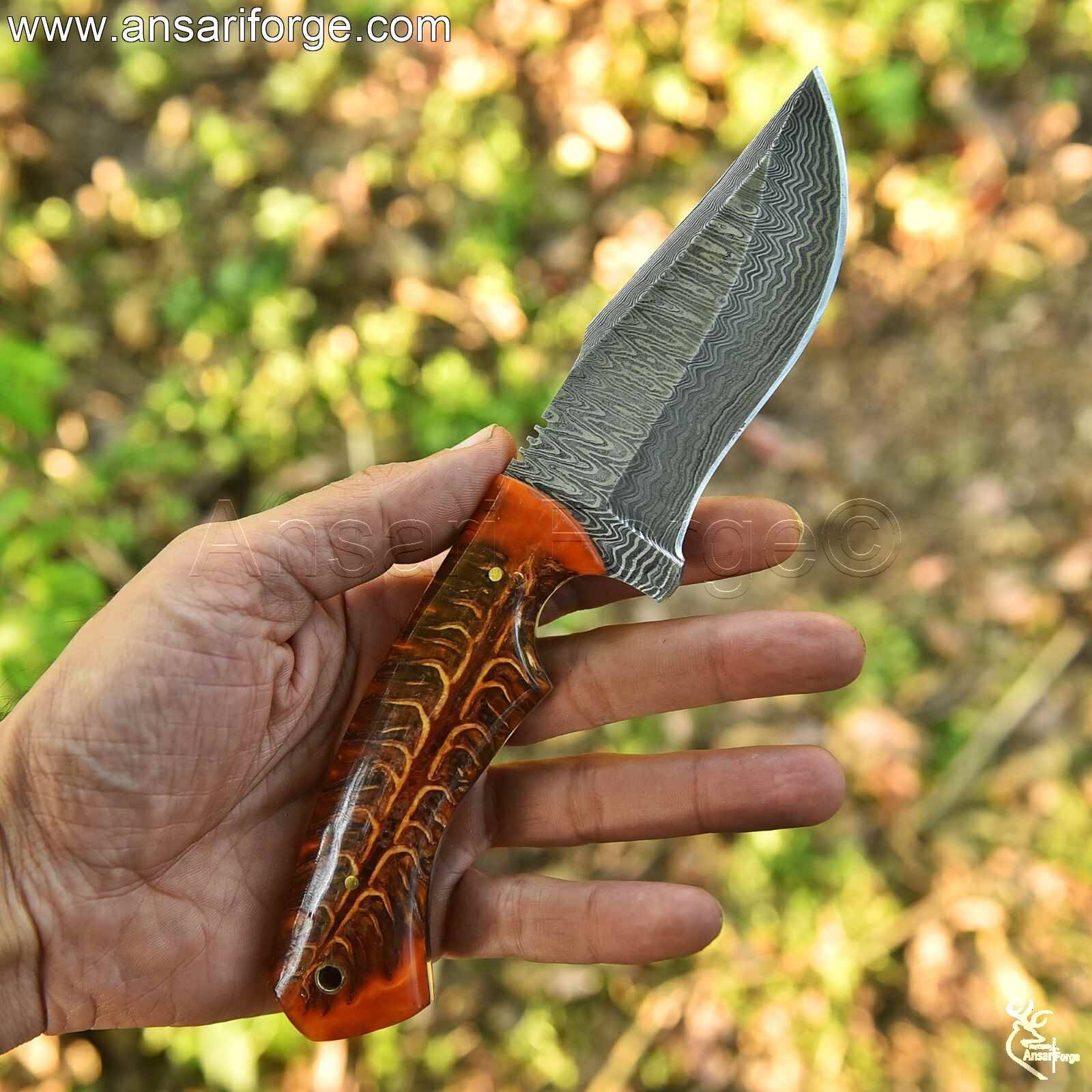 Close-Up of Ladder Pattern Damascus Blade - Razor-Sharp 60 HRC Knife for Outdoor Use.