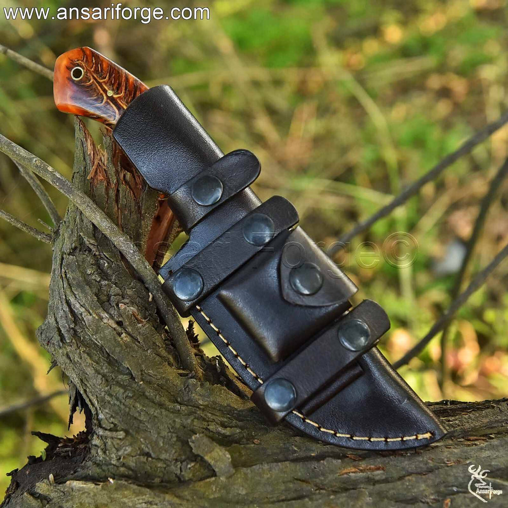 Genuine Cowhide Leather Sheath for Horizontal Carry - Damascus Steel Knife by Ansari Forge.