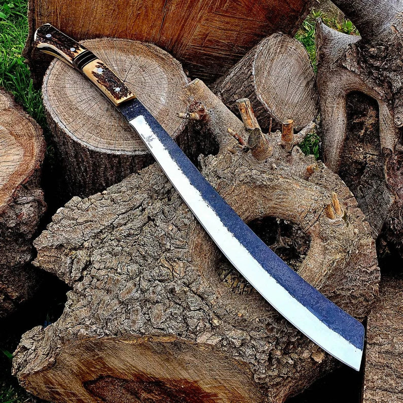 handmade carbon steel machete knife long survival camping knife stag horn handle