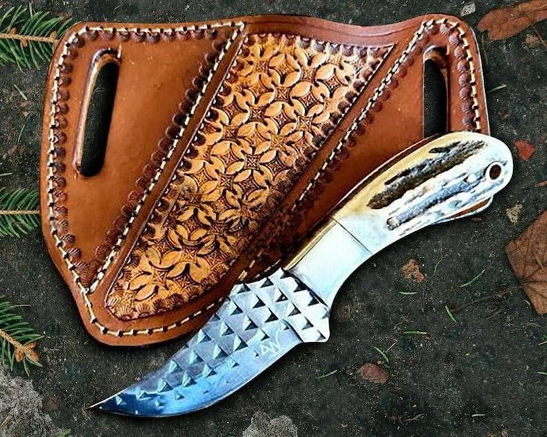 Fixed Blade file rasp Western Cowboy bull cutter Skinning knife Stag antler Handle And Cross Draw Sheath