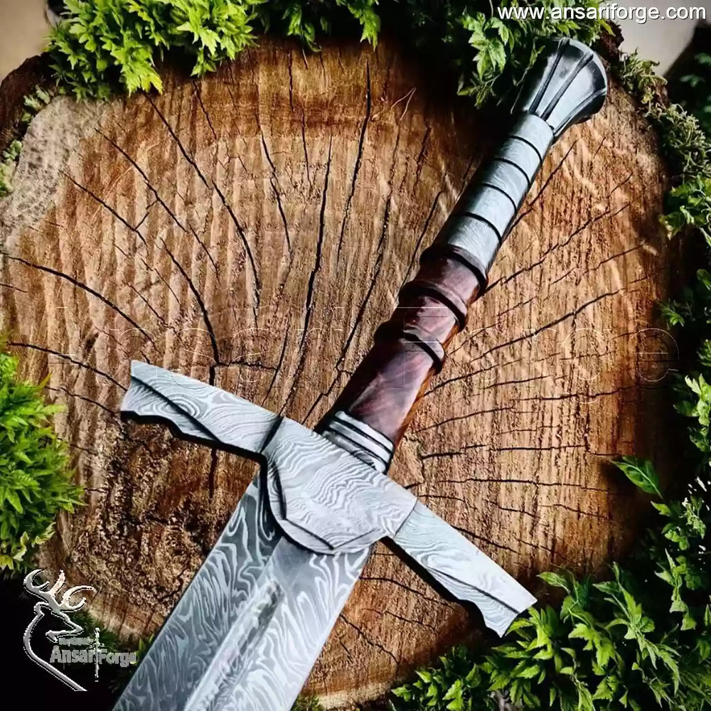 Hand-Forged Custom Knight Sword (38") by Ansari Forge with Rosewood Scabbard and Damascus Steel Hilt.