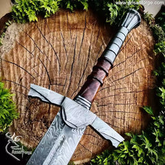 Hand-Forged Custom Knight Sword (38") by Ansari Forge with Rosewood Scabbard and Damascus Steel Hilt.