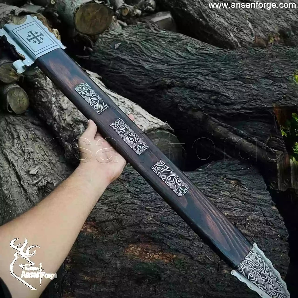 Hand-Forged Custom Knight Sword (38") by Ansari Forge with Rosewood Scabbard and Damascus Steel Hilt.