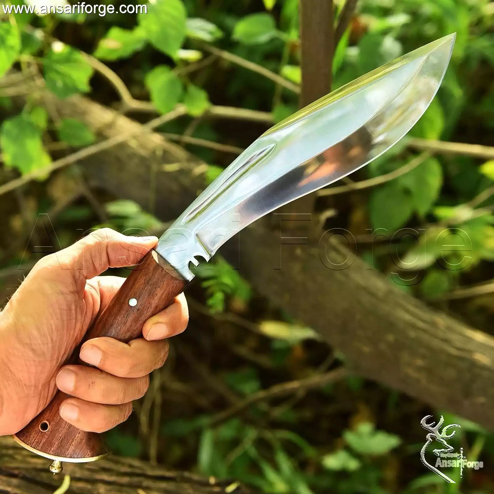 Man chopping wood with the powerful Kukri Knife For Sale, showing its utility and strength.