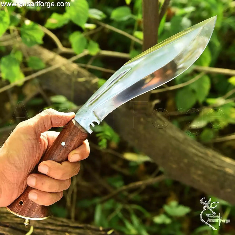 Man chopping wood with the powerful Kukri Knife For Sale, showing its utility and strength.