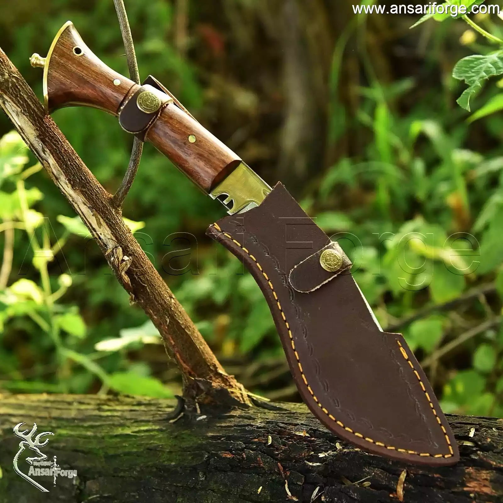 Genuine leather sheath holding the Gurkha military small kukri knife for carrying.