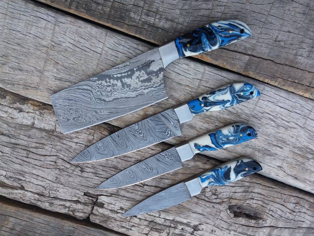 Professional Damascus Chef Knife Set 4 kitchen Knives With Case / Roll bag