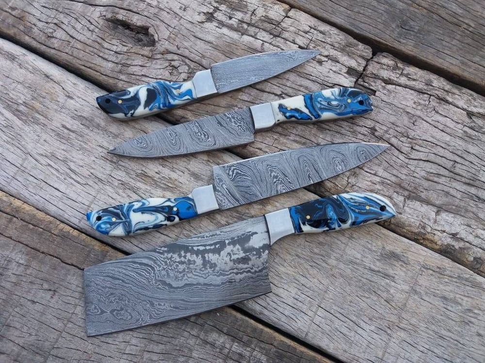 hand forged damascus chef knife set with leather roll.