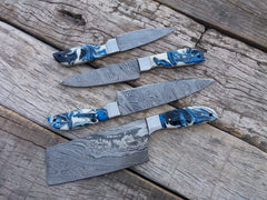 hand forged damascus chef knife set with leather roll.