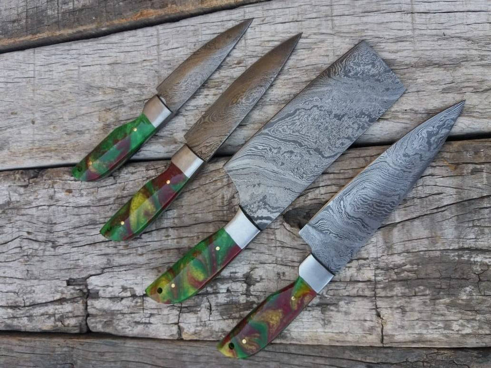 Damascus Chef Knife Set neatly organized within a genuine cowhide leather roll bag, perfect for storage and transport.