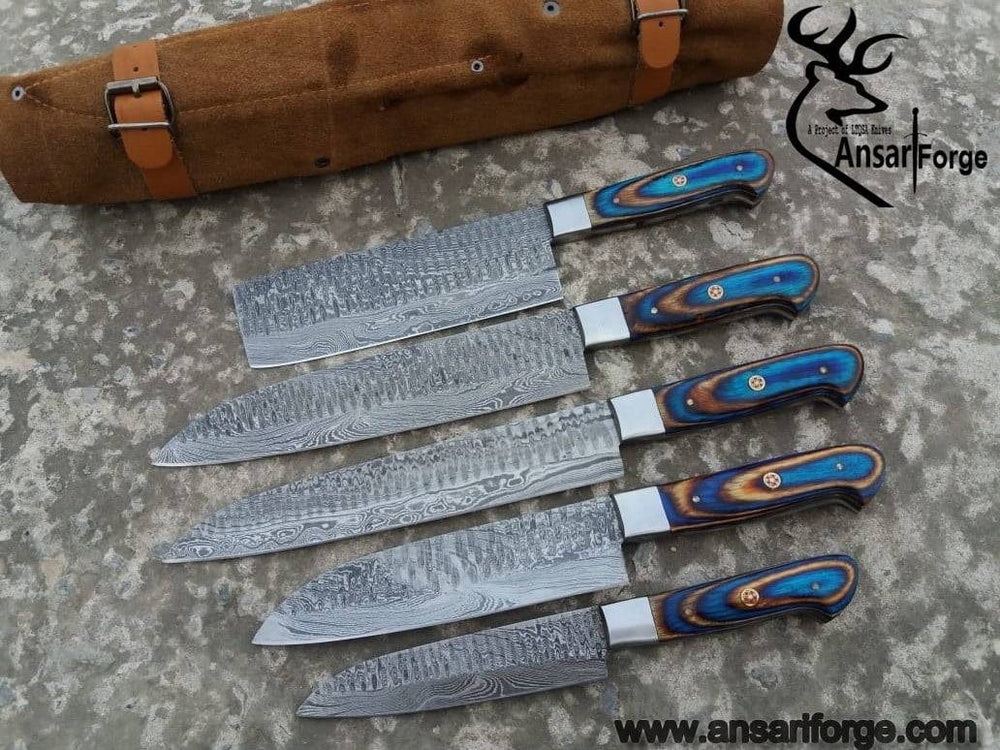 Damascus Chef Knife Set - 5 Real Professional Kitchen Knives With Case / Roll bag