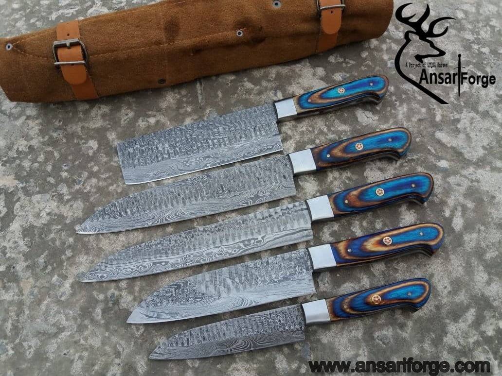 Damascus Chef Knife Set - 5 Real Professional Kitchen Knives With Case / Roll bag