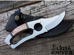 custom handmade fixed blade d2 steel finger hole hunting knife