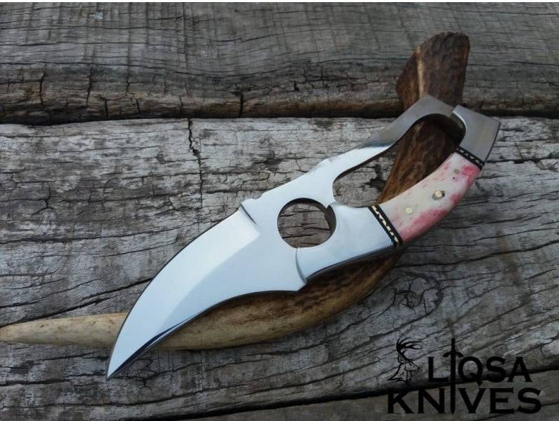 custom handmade fixed blade d2 steel finger hole hunting knife