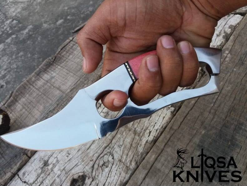 custom handmade fixed blade d2 steel finger hole hunting knife