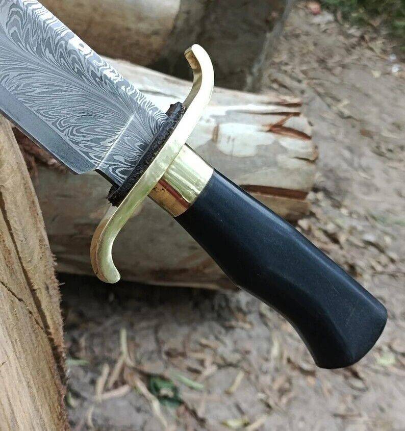 Damascus Bowie Knife Original Feather Blade Alamo Musso Replica With Leather Sheath