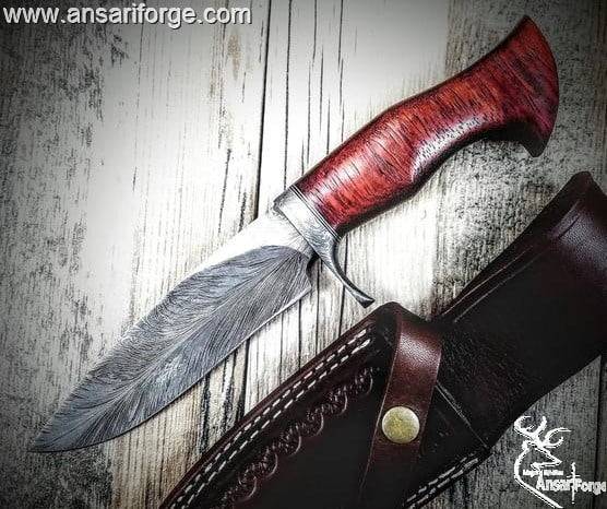 Custom made real forged feather damascus knife for hunting , Skinning