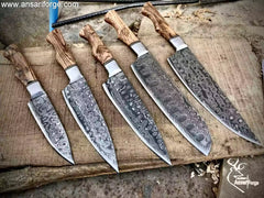 Professional chef knife set with case – 5 piece hand forged Damascus kitchen knives.