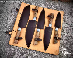 Professional chef knife set with case – 5 piece hand forged Damascus kitchen knives