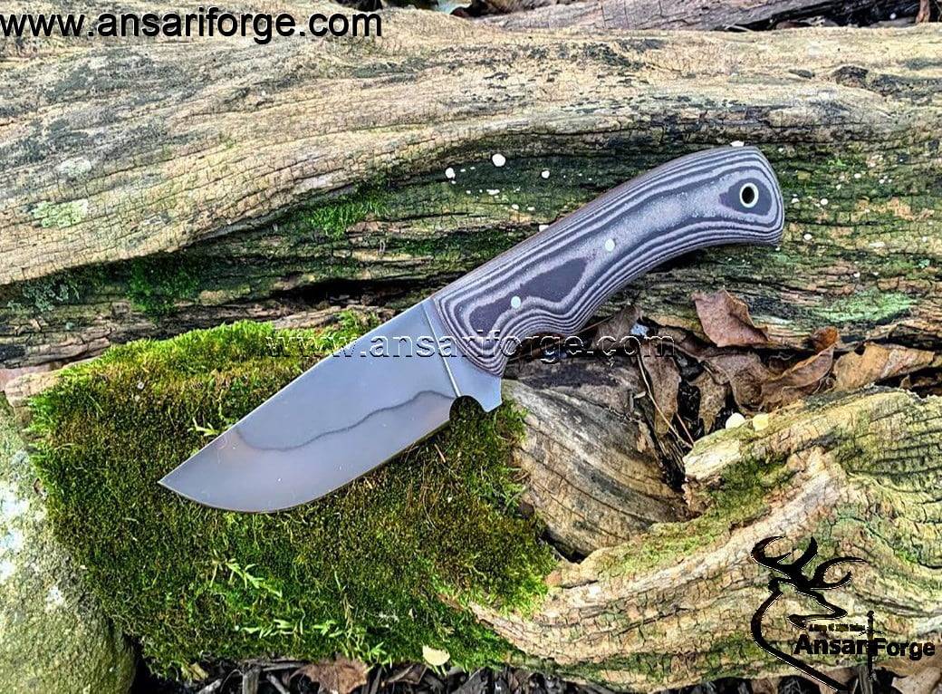 Custom made railroad high carbon steel hunting knife with Hamon and leather sheath