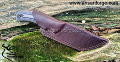 Custom made railroad high carbon steel hunting knife with Hamon and leather sheath
