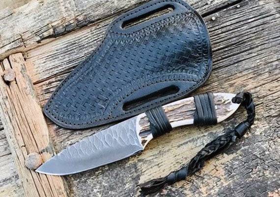 Fixed Blade Hunting Knife Flint Knapped Full Tang Stag Antler Handle Straight Edge and Drop Point 5160 Blade Game Processing Knife, Sheath Included .