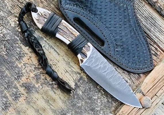 Fixed Blade Hunting Knife Flint Knapped Full Tang Stag Antler Handle Straight Edge and Drop Point 5160 Blade Game Processing Knife, Sheath Included