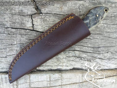 Damascus steel hunting knife ram horn handle and leather sheath