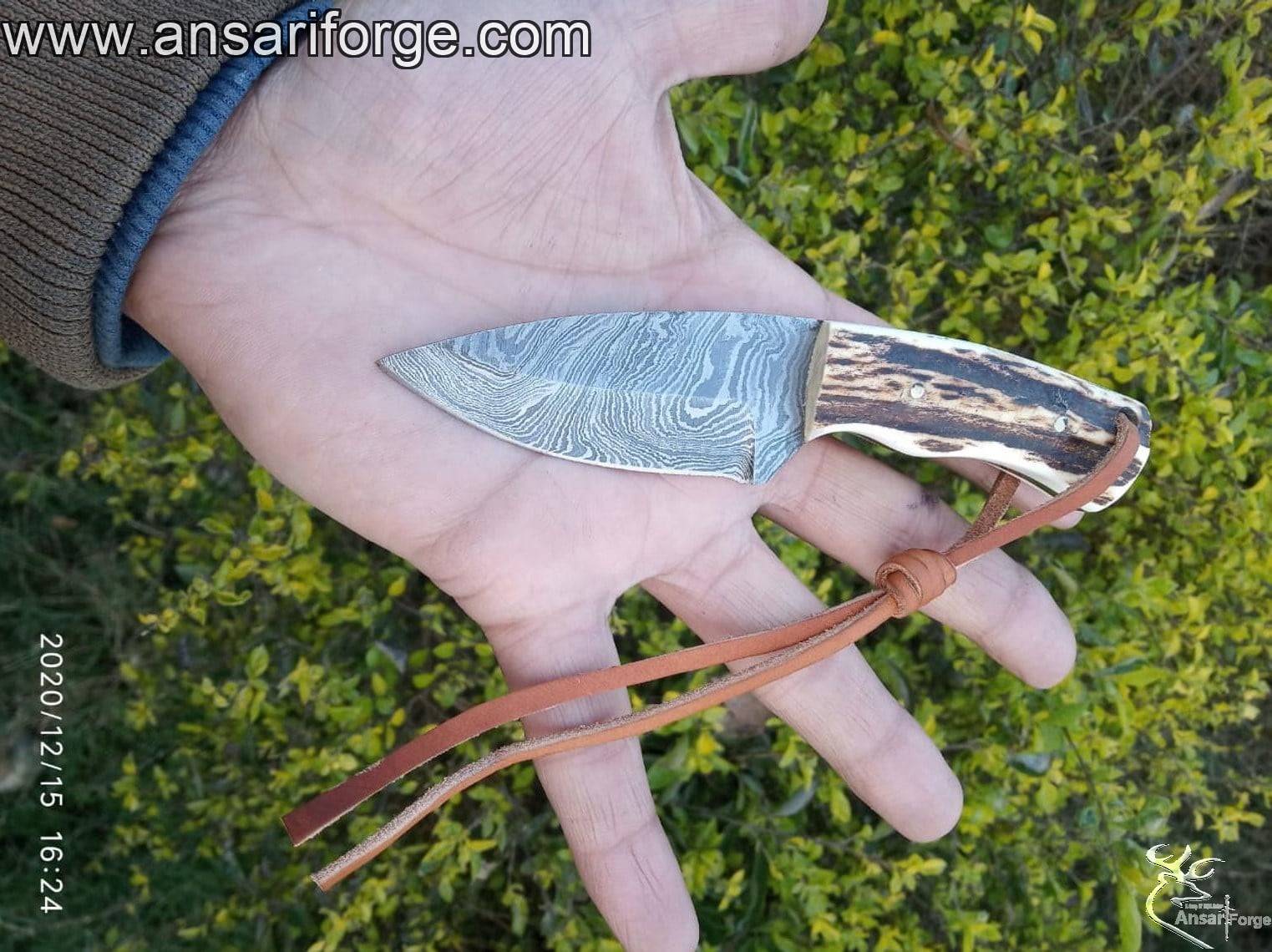 3 Inch Damascus EDC knife Fixed Blade, Stag Antler Handle