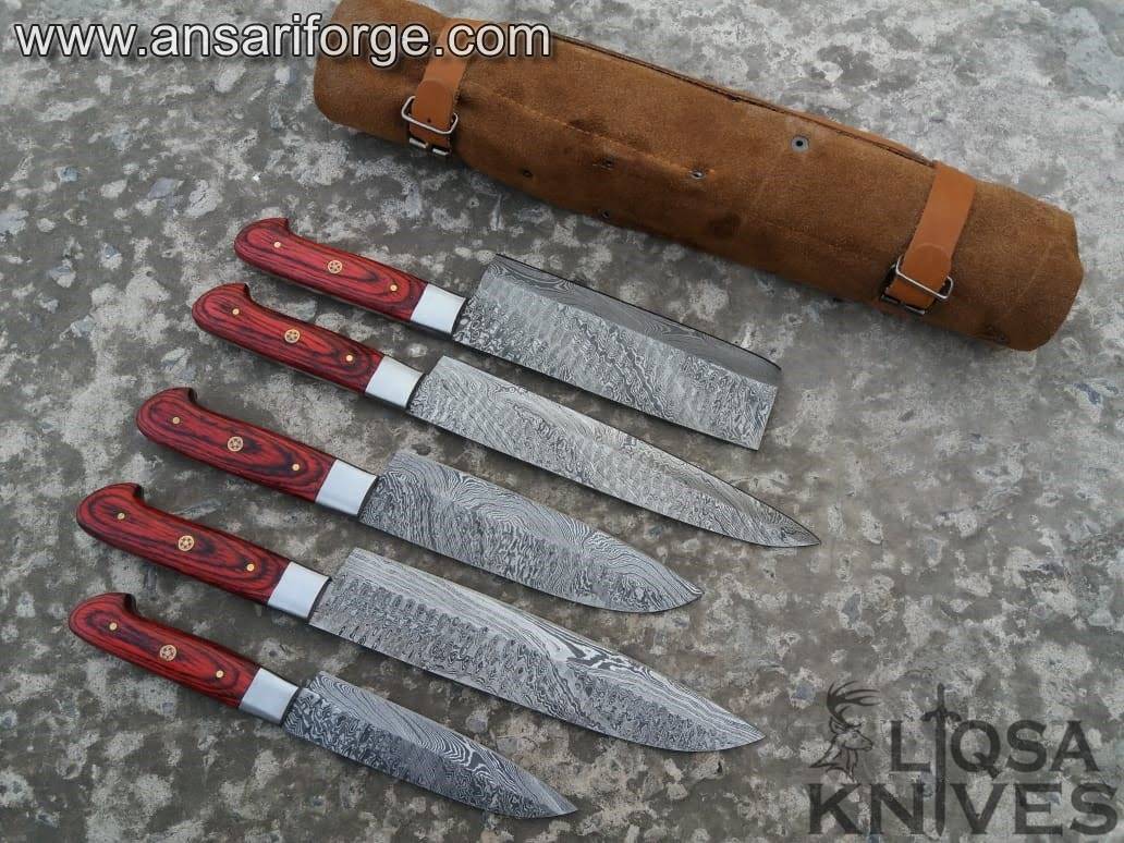 Professional Chef Knife Set of 5 Japanese Damascus Steel kitchen knives With Case / Roll bag