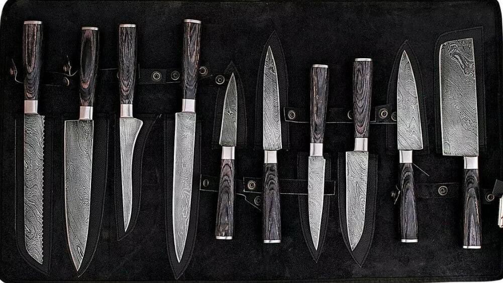 Damascus steel 10 pcs kitchen knives set chef knife set with leather bag